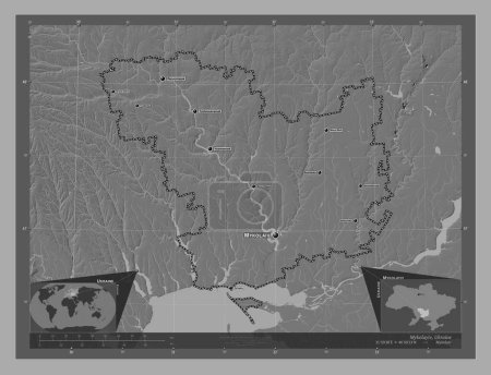 Foto de Mykolayiv, región de Ucrania. Mapa de elevación de Bilevel con lagos y ríos. Ubicaciones y nombres de las principales ciudades de la región. Mapas de ubicación auxiliares de esquina - Imagen libre de derechos
