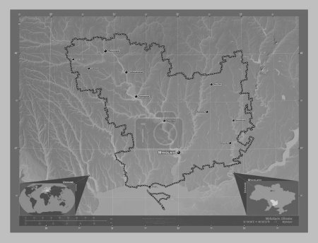 Photo for Mykolayiv, region of Ukraine. Grayscale elevation map with lakes and rivers. Locations and names of major cities of the region. Corner auxiliary location maps - Royalty Free Image