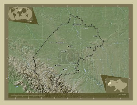 Téléchargez les photos : L'viv, région de l'Ukraine. Carte d'altitude colorée dans le style wiki avec des lacs et des rivières. Emplacements et noms des grandes villes de la région. Corner cartes de localisation auxiliaires - en image libre de droit