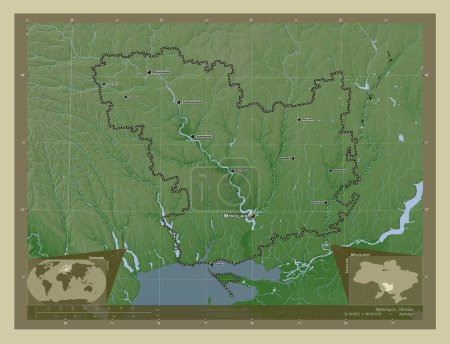 Photo for Mykolayiv, region of Ukraine. Elevation map colored in wiki style with lakes and rivers. Locations and names of major cities of the region. Corner auxiliary location maps - Royalty Free Image