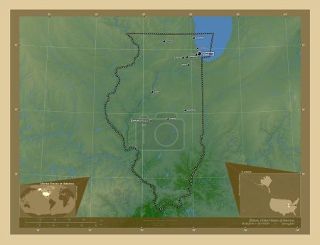 Téléchargez les photos : Illinois, État des États-Unis d'Amérique. Carte d'altitude colorée avec lacs et rivières. Emplacements et noms des grandes villes de la région. Corner cartes de localisation auxiliaires - en image libre de droit