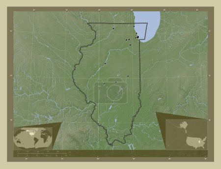 Téléchargez les photos : Illinois, État des États-Unis d'Amérique. Carte d'altitude colorée dans le style wiki avec des lacs et des rivières. Emplacements des grandes villes de la région. Corner cartes de localisation auxiliaires - en image libre de droit