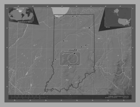 Foto de Indiana, estado de los Estados Unidos de América. Mapa de elevación de Bilevel con lagos y ríos. Ubicaciones y nombres de las principales ciudades de la región. Mapas de ubicación auxiliares de esquina - Imagen libre de derechos