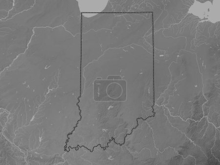 Téléchargez les photos : Indiana, État des États-Unis. Carte d'altitude en niveaux de gris avec lacs et rivières - en image libre de droit