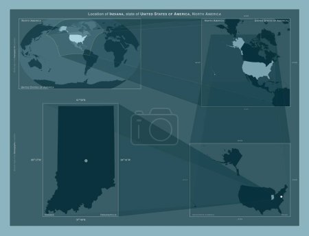 Foto de Indiana, estado de los Estados Unidos de América. Diagrama que muestra la ubicación de la región en mapas a gran escala. Composición de marcos vectoriales y formas PNG sobre un fondo sólido - Imagen libre de derechos