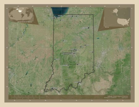 Téléchargez les photos : Indiana, État des États-Unis. Carte satellite haute résolution. Emplacements et noms des grandes villes de la région. Corner cartes de localisation auxiliaires - en image libre de droit
