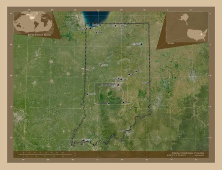 Foto de Indiana, estado de los Estados Unidos de América. Mapa satelital de baja resolución. Ubicaciones y nombres de las principales ciudades de la región. Mapas de ubicación auxiliares de esquina - Imagen libre de derechos