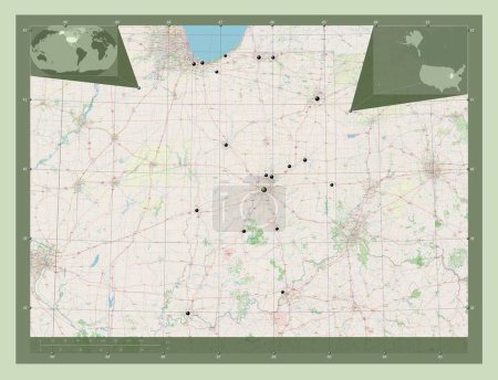 Foto de Indiana, estado de los Estados Unidos de América. Open Street Map. Ubicaciones de las principales ciudades de la región. Mapas de ubicación auxiliares de esquina - Imagen libre de derechos