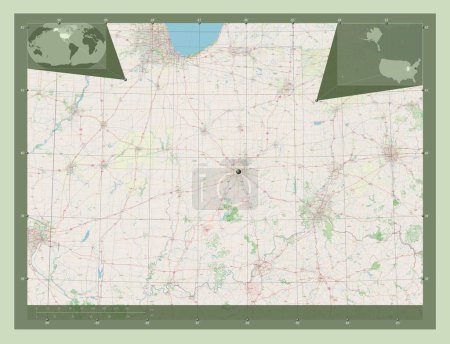 Foto de Indiana, estado de los Estados Unidos de América. Open Street Map. Mapas de ubicación auxiliares de esquina - Imagen libre de derechos