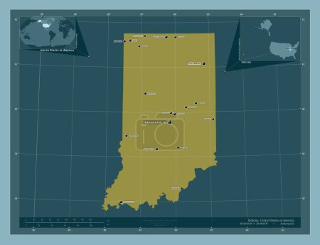 Foto de Indiana, estado de los Estados Unidos de América. Forma de color sólido. Ubicaciones y nombres de las principales ciudades de la región. Mapas de ubicación auxiliares de esquina - Imagen libre de derechos