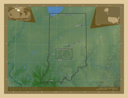 Foto de Indiana, estado de los Estados Unidos de América. Mapa de elevación de colores con lagos y ríos. Ubicaciones y nombres de las principales ciudades de la región. Mapas de ubicación auxiliares de esquina - Imagen libre de derechos