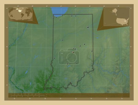 Téléchargez les photos : Indiana, État des États-Unis. Carte d'altitude colorée avec lacs et rivières. Emplacements des grandes villes de la région. Corner cartes de localisation auxiliaires - en image libre de droit