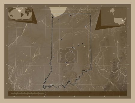 Foto de Indiana, estado de los Estados Unidos de América. Mapa de elevación coloreado en tonos sepia con lagos y ríos. Ubicaciones de las principales ciudades de la región. Mapas de ubicación auxiliares de esquina - Imagen libre de derechos
