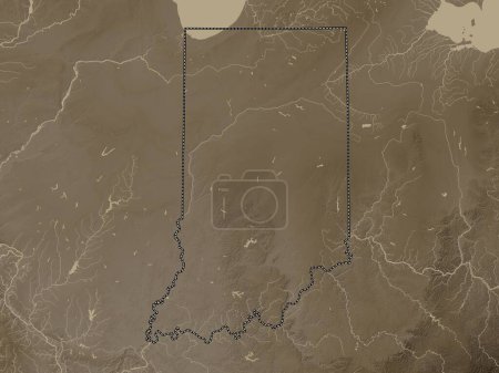 Téléchargez les photos : Indiana, État des États-Unis. Carte d'altitude colorée dans des tons sépia avec des lacs et des rivières - en image libre de droit