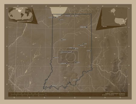Téléchargez les photos : Indiana, État des États-Unis. Carte d'altitude colorée dans des tons sépia avec des lacs et des rivières. Emplacements et noms des grandes villes de la région. Corner cartes de localisation auxiliaires - en image libre de droit