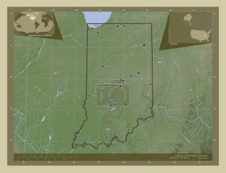 Foto de Indiana, estado de los Estados Unidos de América. Mapa de elevación coloreado en estilo wiki con lagos y ríos. Ubicaciones y nombres de las principales ciudades de la región. Mapas de ubicación auxiliares de esquina - Imagen libre de derechos