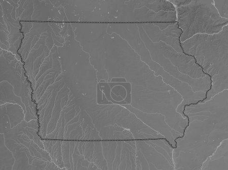 Foto de Iowa, estado de los Estados Unidos de América. Mapa de elevación a escala de grises con lagos y ríos - Imagen libre de derechos