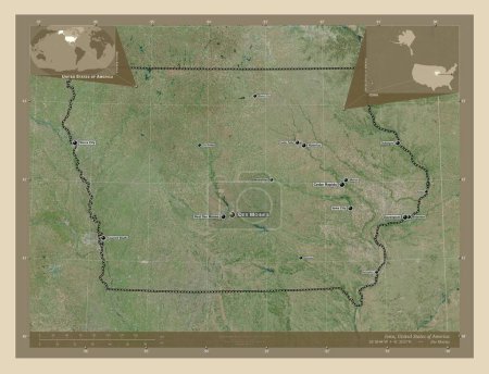Foto de Iowa, estado de los Estados Unidos de América. Mapa satelital de alta resolución. Ubicaciones y nombres de las principales ciudades de la región. Mapas de ubicación auxiliares de esquina - Imagen libre de derechos