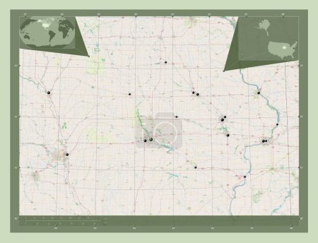 Foto de Iowa, estado de los Estados Unidos de América. Open Street Map. Ubicaciones de las principales ciudades de la región. Mapas de ubicación auxiliares de esquina - Imagen libre de derechos