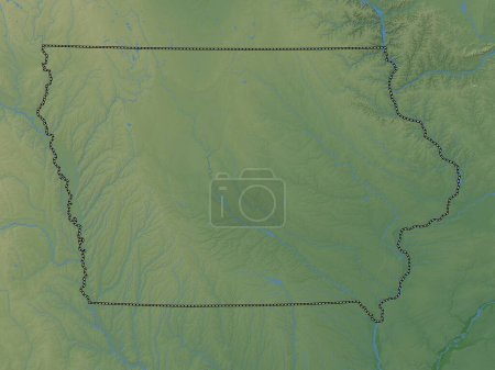 Foto de Iowa, estado de los Estados Unidos de América. Mapa de elevación de colores con lagos y ríos - Imagen libre de derechos