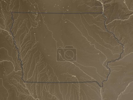 Foto de Iowa, estado de los Estados Unidos de América. Mapa de elevación coloreado en tonos sepia con lagos y ríos - Imagen libre de derechos