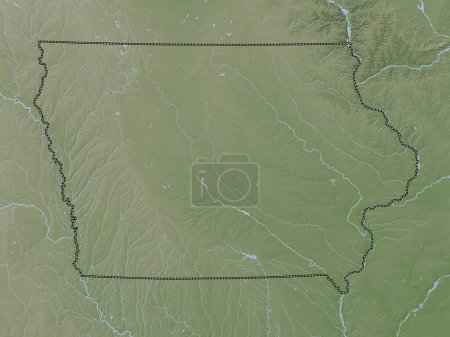 Foto de Iowa, estado de los Estados Unidos de América. Mapa de elevación coloreado en estilo wiki con lagos y ríos - Imagen libre de derechos