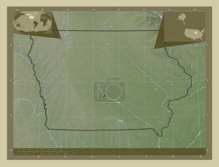 Téléchargez les photos : Iowa, État des États-Unis d'Amérique. Carte d'altitude colorée dans le style wiki avec des lacs et des rivières. Corner cartes de localisation auxiliaires - en image libre de droit