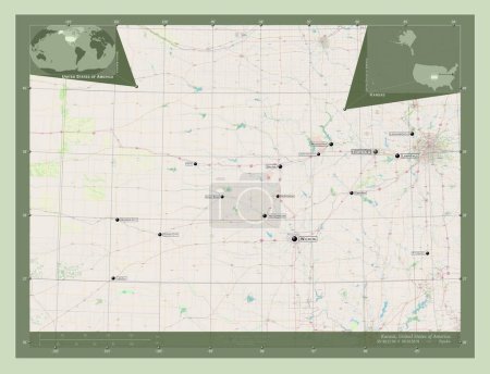 Foto de Kansas, estado de los Estados Unidos de América. Open Street Map. Ubicaciones y nombres de las principales ciudades de la región. Mapas de ubicación auxiliares de esquina - Imagen libre de derechos