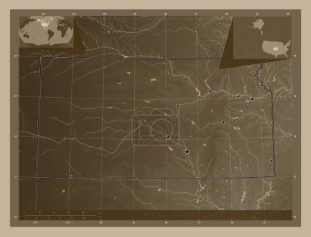 Foto de Kansas, estado de los Estados Unidos de América. Mapa de elevación coloreado en tonos sepia con lagos y ríos. Ubicaciones de las principales ciudades de la región. Mapas de ubicación auxiliares de esquina - Imagen libre de derechos