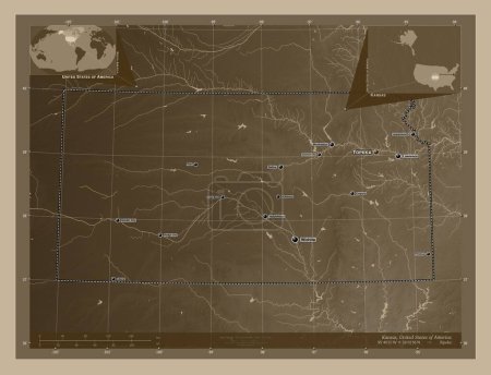 Foto de Kansas, estado de los Estados Unidos de América. Mapa de elevación coloreado en tonos sepia con lagos y ríos. Ubicaciones y nombres de las principales ciudades de la región. Mapas de ubicación auxiliares de esquina - Imagen libre de derechos