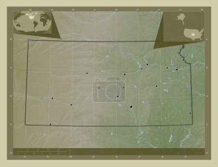 Foto de Kansas, estado de los Estados Unidos de América. Mapa de elevación coloreado en estilo wiki con lagos y ríos. Ubicaciones de las principales ciudades de la región. Mapas de ubicación auxiliares de esquina - Imagen libre de derechos
