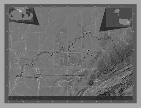 Foto de Kentucky, estado de los Estados Unidos de América. Mapa de elevación de Bilevel con lagos y ríos. Ubicaciones de las principales ciudades de la región. Mapas de ubicación auxiliares de esquina - Imagen libre de derechos