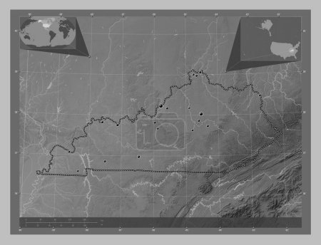 Téléchargez les photos : Kentucky, État des États-Unis d'Amérique. Carte d'altitude en niveaux de gris avec lacs et rivières. Emplacements des grandes villes de la région. Corner cartes de localisation auxiliaires - en image libre de droit