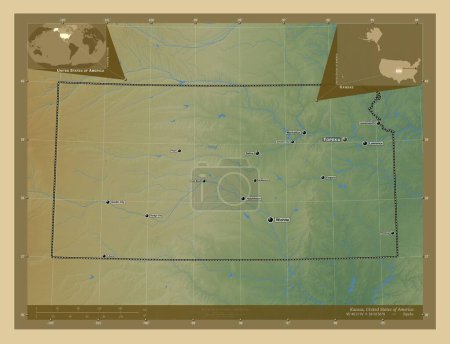 Foto de Kansas, estado de los Estados Unidos de América. Mapa de elevación de colores con lagos y ríos. Ubicaciones y nombres de las principales ciudades de la región. Mapas de ubicación auxiliares de esquina - Imagen libre de derechos