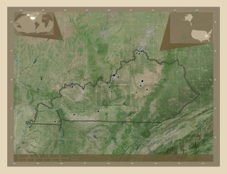 Téléchargez les photos : Kentucky, État des États-Unis d'Amérique. Carte satellite haute résolution. Emplacements des grandes villes de la région. Corner cartes de localisation auxiliaires - en image libre de droit