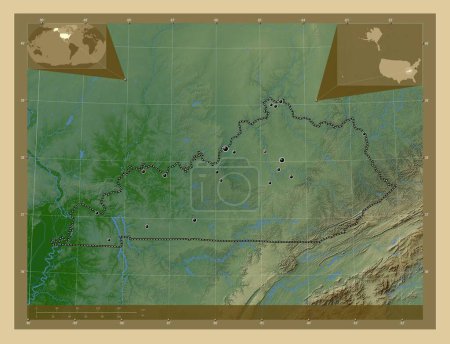 Téléchargez les photos : Kentucky, État des États-Unis d'Amérique. Carte d'altitude colorée avec lacs et rivières. Emplacements des grandes villes de la région. Corner cartes de localisation auxiliaires - en image libre de droit