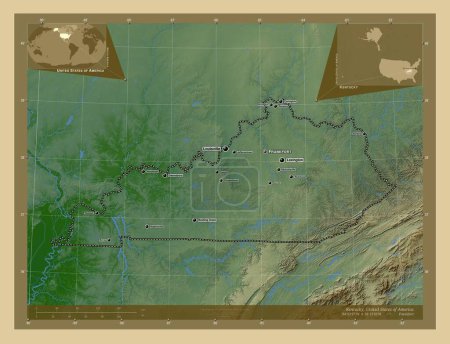 Téléchargez les photos : Kentucky, État des États-Unis d'Amérique. Carte d'altitude colorée avec lacs et rivières. Emplacements et noms des grandes villes de la région. Corner cartes de localisation auxiliaires - en image libre de droit