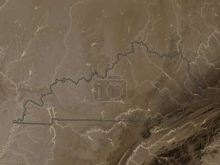 Foto de Kentucky, estado de los Estados Unidos de América. Mapa de elevación coloreado en tonos sepia con lagos y ríos - Imagen libre de derechos