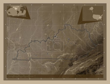 Foto de Kentucky, estado de los Estados Unidos de América. Mapa de elevación coloreado en tonos sepia con lagos y ríos. Ubicaciones de las principales ciudades de la región. Mapas de ubicación auxiliares de esquina - Imagen libre de derechos
