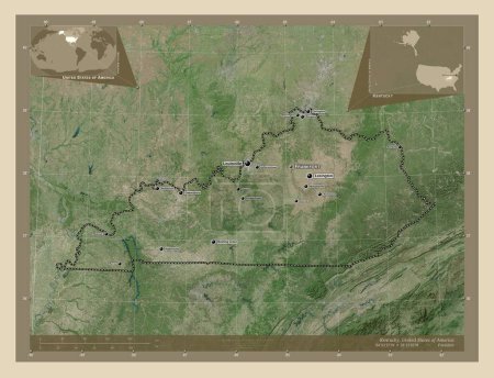 Foto de Kentucky, estado de los Estados Unidos de América. Mapa satelital de alta resolución. Ubicaciones y nombres de las principales ciudades de la región. Mapas de ubicación auxiliares de esquina - Imagen libre de derechos