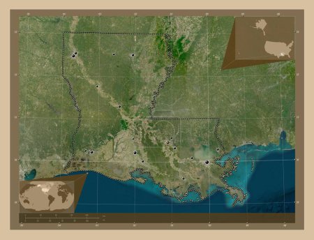 Téléchargez les photos : Louisiane, État des États-Unis d'Amérique. Carte satellite basse résolution. Emplacements des grandes villes de la région. Corner cartes de localisation auxiliaires - en image libre de droit