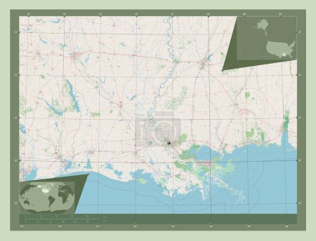 Foto de Louisiana, estado de los Estados Unidos de América. Open Street Map. Mapas de ubicación auxiliares de esquina - Imagen libre de derechos