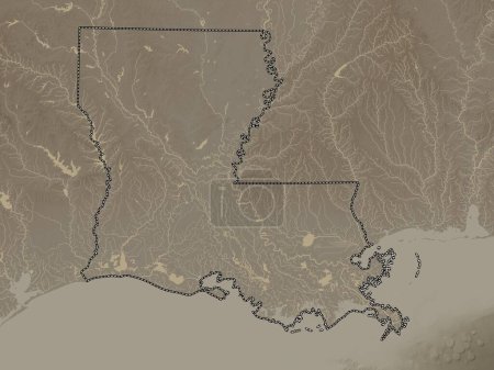 Téléchargez les photos : Louisiane, État des États-Unis d'Amérique. Carte d'altitude colorée dans des tons sépia avec des lacs et des rivières - en image libre de droit
