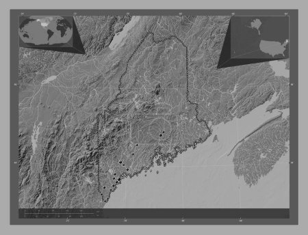 Photo for Maine, state of United States of America. Bilevel elevation map with lakes and rivers. Locations of major cities of the region. Corner auxiliary location maps - Royalty Free Image
