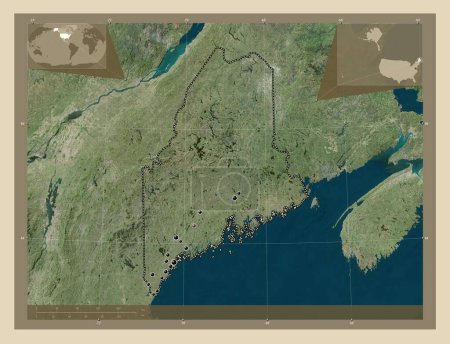 Foto de Maine, estado de los Estados Unidos de América. Mapa satelital de alta resolución. Ubicaciones de las principales ciudades de la región. Mapas de ubicación auxiliares de esquina - Imagen libre de derechos