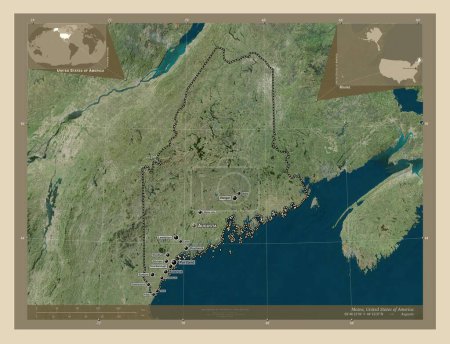 Foto de Maine, estado de los Estados Unidos de América. Mapa satelital de alta resolución. Ubicaciones y nombres de las principales ciudades de la región. Mapas de ubicación auxiliares de esquina - Imagen libre de derechos