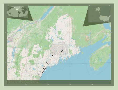 Foto de Maine, estado de los Estados Unidos de América. Open Street Map. Ubicaciones de las principales ciudades de la región. Mapas de ubicación auxiliares de esquina - Imagen libre de derechos