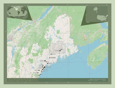 Foto de Maine, estado de los Estados Unidos de América. Open Street Map. Ubicaciones y nombres de las principales ciudades de la región. Mapas de ubicación auxiliares de esquina - Imagen libre de derechos