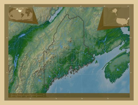 Foto de Maine, estado de los Estados Unidos de América. Mapa de elevación de colores con lagos y ríos. Ubicaciones de las principales ciudades de la región. Mapas de ubicación auxiliares de esquina - Imagen libre de derechos
