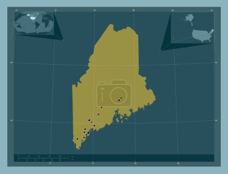 Foto de Maine, estado de los Estados Unidos de América. Forma de color sólido. Ubicaciones de las principales ciudades de la región. Mapas de ubicación auxiliares de esquina - Imagen libre de derechos